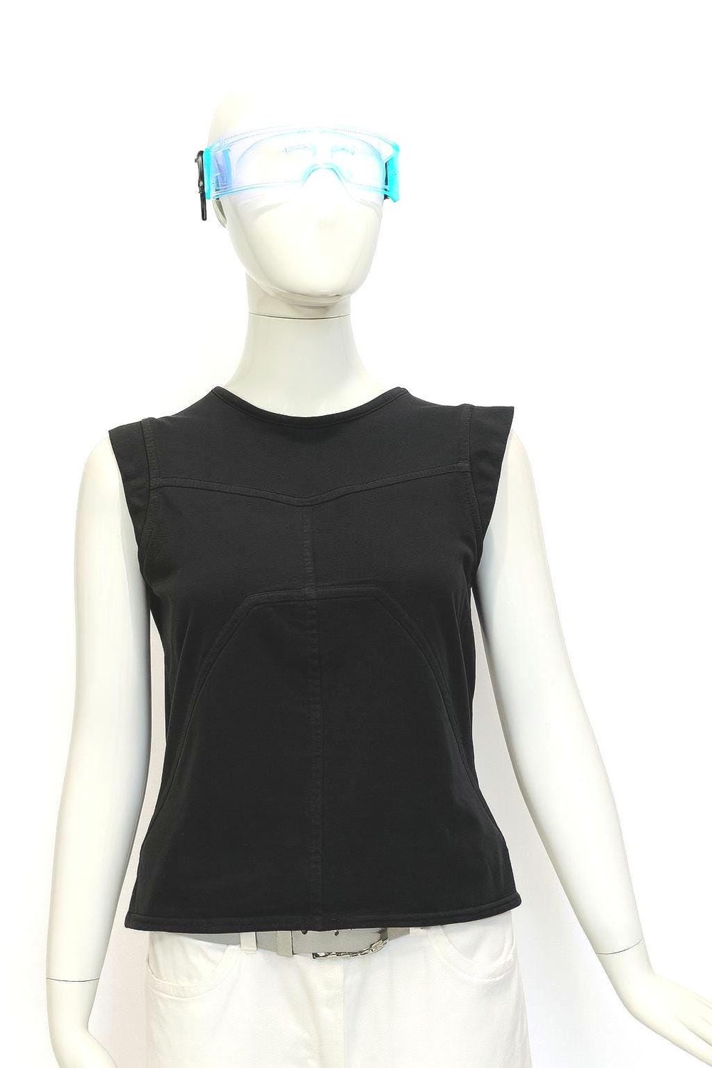 Blackout Exoshell — black futuristic sleeveless top on a mannequin