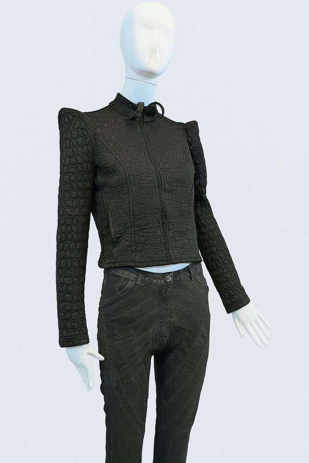 Urban Aegis Jacket — black futuristic textured cropped jacket on a mannequin